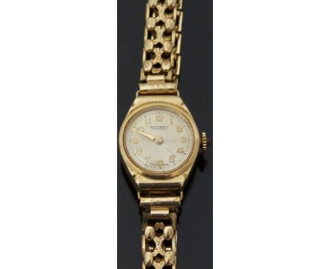 Rotary 9ct gold ladies wristwatch with gold hands and Arabic numerals, sunburst engraved face and Perret 17 jewel calibre 105