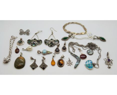 Twelve silver pendants including opal, agate, silver earrings, two silver bracelets, etc