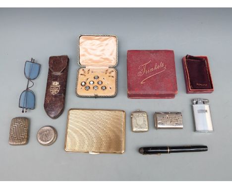 A collection of bijouterie including silver plated vestas, glasses, studs, pen, Ronson lighter etc 