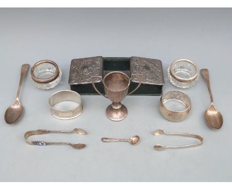 A quantity of hallmarked silver items including leather and embossed hallmarked silver double ended desk tidy, Birmingham 190