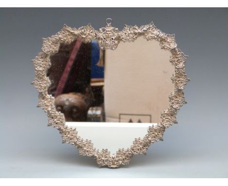 White metal or silver plated heart shaped dressing table mirror with crown to top, height 26cm, with easel back 