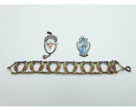 A hallmarked silver Charles Horner pendant set with enamel, similar pendant by SB and a bracelet set with enamel