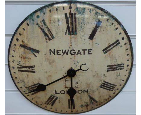 A caseless 'Newgate of London' enamelled dial wall clock with Roman numerals and distressed look finish, 40cm diameter