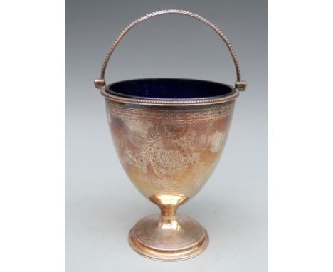 Georgian hallmarked silver pedestal sucrier with blue glass liner and swing handle, London 1782 maker Burrage Davenport, 12.5