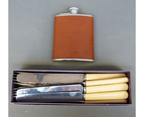 Liberty hip flask and a quantity of plated cutlery and knives
