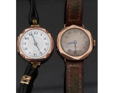 Two 9ct gold ladies wristwatches both with Breguet hands, Arabic numerals and bevelled cases, on leather straps, largest case