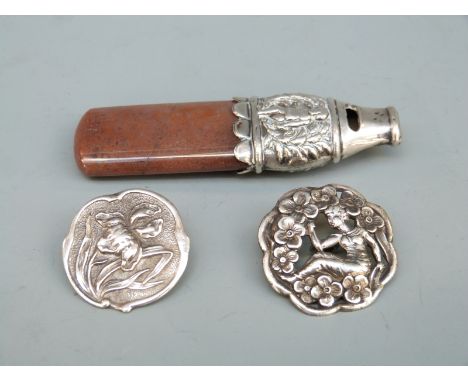 Art Nouveau hallmarked silver button Birmingham 1902, white metal button and a white metal mounted teether and whistle 