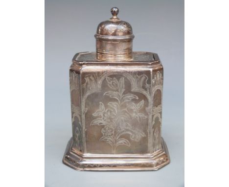Edward VII Britannia standard hallmarked silver tea caddy of Eastern form with slide off lid, London 1906, maker Lambert & Co
