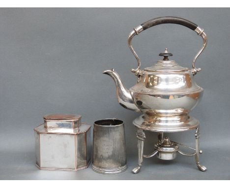 Silver plated spirit kettle, tea caddy and a pewter tankard