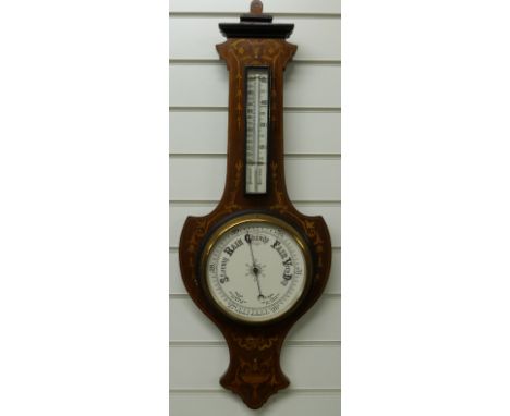 Late 19thC mahogany-cased aneroid barometer decorated with tri-coloured floral and foliate inlaid decoration and boxwood stri