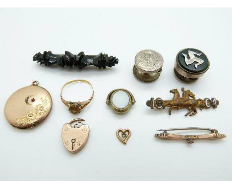 A 9ct gold heart padlock (2.5g), carved jet brooch, 9ct brooch, Victorian silver button, gold plated locket, 22ct gold ring s