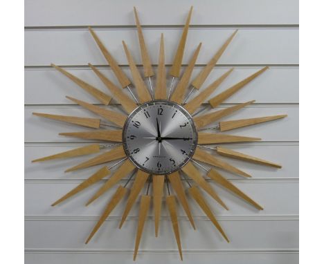 Newgate 1950's style 'sunburst' wall clock with Arabic numerals on brushed aluminium dial, beechwood finish, 68cm diameter