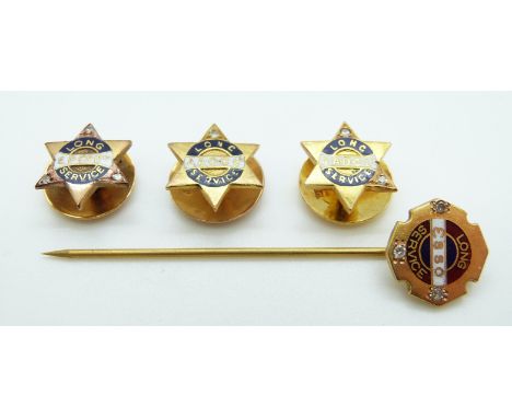 A 9ct gold stick pin for Long Service at Esso set with diamonds and three similar 9ct gold studs, one set with diamonds, 12.2