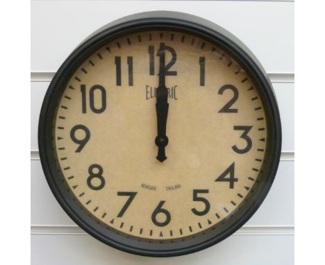 Newgate quartz school type wall dial clock with Arabic numerals, 'Electric' to dial, black finish to case, 24cm diameter