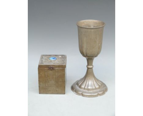 A pewter tea caddy with Ruskin cabochon (H10 x W8.5 x D8.5cm) and a James Dixon pewter chalice or goblet, 22.5cm tall