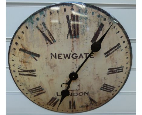 A caseless 'Newgate of London' enamelled dial wall clock with Roman numerals and distressed look finish, 40cm diameter