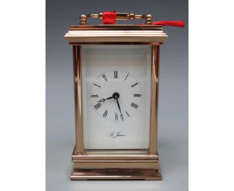 St James brass cased 20thC English carriage clock, 55mm white enamel Roman dial and black Breuguet-style hands, 119mm tall