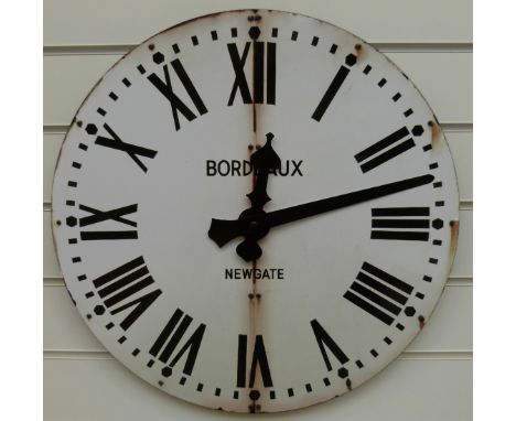 A caseless quartz dial wall clock with distressed look enamel Roman dial stamped 'Newgate Bordeaux', 50cm dial