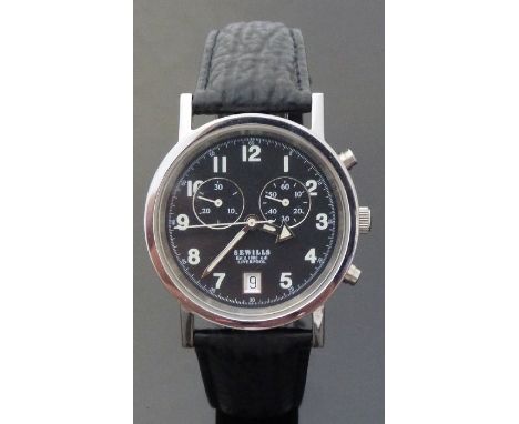 Sewills of Liverpool gentleman's chronograph wristwatch with date aperture, luminous hands and Arabic numerals, broad arrow h