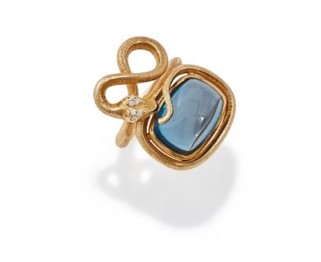 OLE LYNGGAARD, A 'SNAKES RING PETITE' DIAMOND AND BLUE TOPAZ RING LONDON 2020  The cushion shaped cabochon blue topaz within 