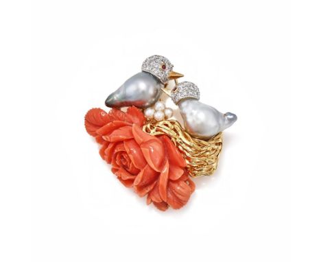 Y TRIO, A CORAL AND GEM SET NOVELTY BROOCH Designed as a carved coral flower beneath an openwork nest containing two baroque 