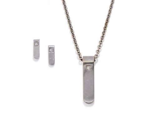 GARRARD, A DIAMOND PENDANT AND MATCHING EARRINGS The polished panel pendant with a curved terminal set with a single brillian