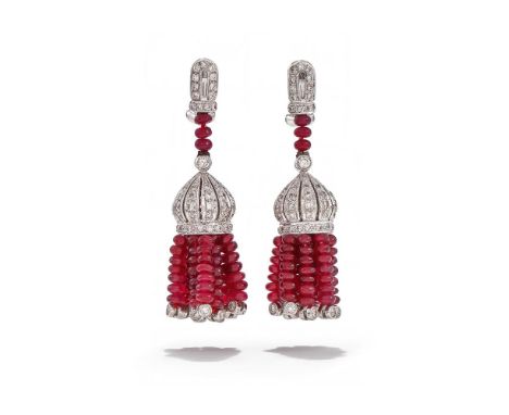 A PAIR OF RUBY AND DIAMOND TASSEL EARRINGS Each ruby bead tassel with collet set brilliant cut diamond terminals, pierced dia