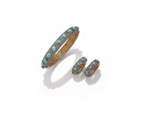 A TURQUOISE AND DIAMOND BANGLE AND EARRINGS  The hinged bangle pavé set with rose cut diamonds, applied with a central row of