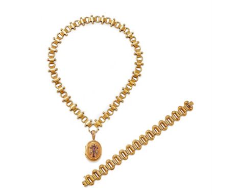 A 19TH CENTURY GOLD LOCKET NECKLACE AND SIMILAR BRACELET CIRCA 1870 The necklace with shaped panels and bead detail, with hoo