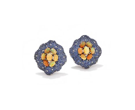 A PAIR OF OPAL, DIAMOND AND SAPPHIRE EARRINGS  Centrally set with a cluster of oval cabochon opals, within a scalloped surrou
