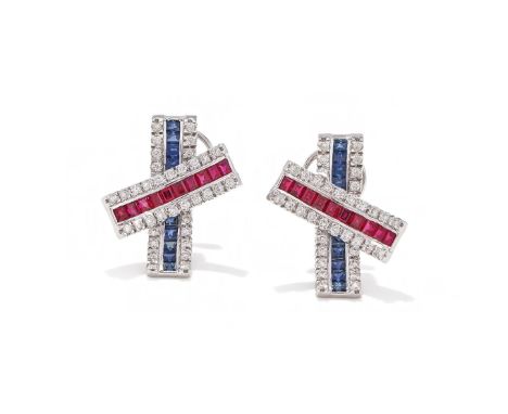 A PAIR OF RUBY, SAPPHIRE AND DIAMOND EARRINGS Each of curved X-shaped design, set with lines of square cut rubies and sapphir