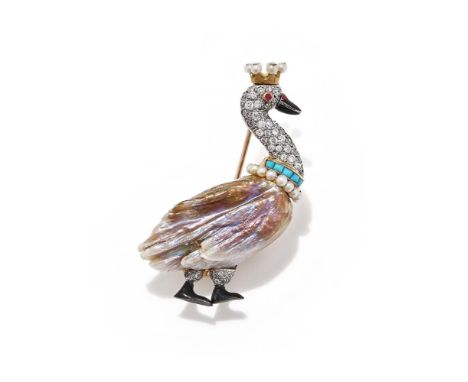 A MID 20TH CENTURY GEM SET NOVELTY BROOCH  Modelled as a crowned swan, the baroque freshwater pearl body, with seed pearl and