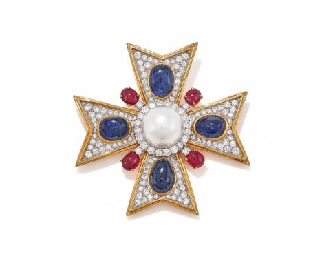 TRIO, A GEM SET MALTESE CROSS BROOCH  Each arm collet set with an oval cabochon sapphire within a pavé set brilliant cut diam