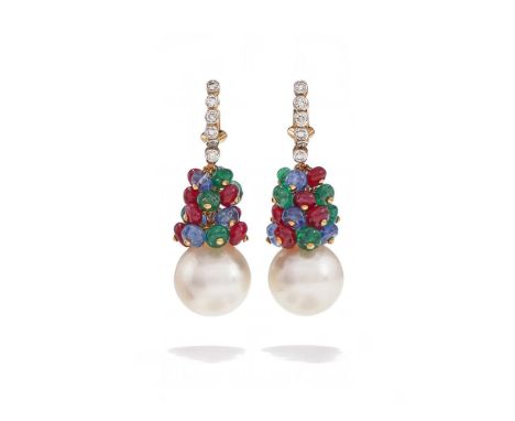 A PAIR OF CULTURED PEARL AND GEM SET PENDENT EARRINGS Each 14.4mm cultured pearl set below an articulated cluster of ruby, sa