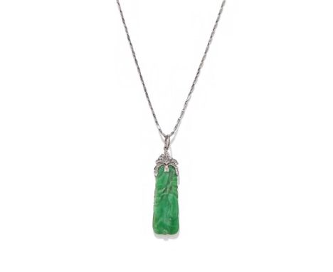 A JADEITE JADE AND DIAMOND PENDANT NECKLACE The shaped jadeite jade plaque carved with gourds, to a brilliant cut diamond set