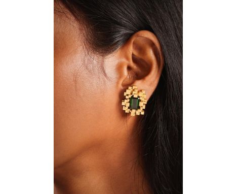 DAVID A. THOMAS, A PAIR OF GREEN TOURMALINE EARRINGS  LONDON 1973  Each step cut green tourmaline with canted corners within 