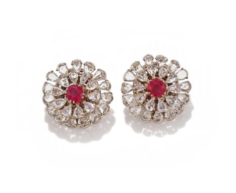 A PAIR OF RUBY AND DIAMOND EARRINGS Each circular cut ruby within a pear shaped rose cut diamond surround, to a detachable ar