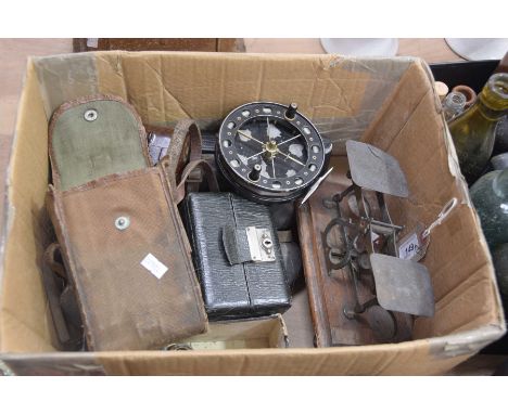 A mixed group of collectable itemsTo include Allcocks match aerial fly wheel, two cameras, a set of guinea scales and a pair 