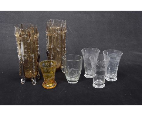 A pair of light brown moulded vases, early 20th CenturyHeight 28cm, further engraved glasses etc.