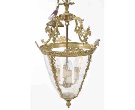 A gilt brass and etched glass hall light, late 20th CenturyThe 66cm high lamp with chain suspension, the lamp circular form w
