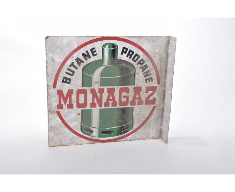 A butane propane enamel advertising sign, mid 20th Century Image of a propane cylinder with the word 'Montagaz', 35x38.5cm.