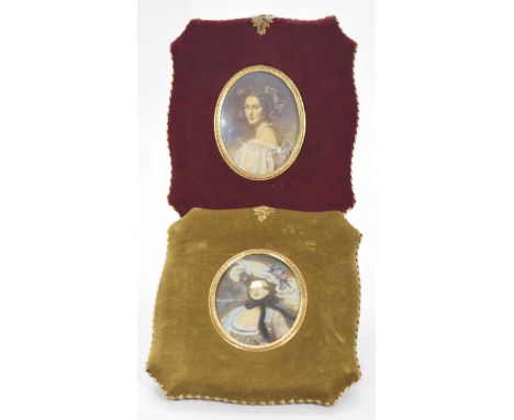 Two 19th/20th Century painted portrait miniatures Depicting ladies in early 19th Century dress, each of oval form and indisti