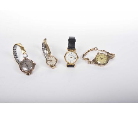 Two early 20th century gold plated manual wind wristwatchesTogether with, a ladies Raymond Weil wristwatch and a ladies Inger