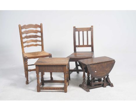 A 19th Century oak country chairWith a board seat along with a 19th Century ladder back chair , an oak joint stool and an oak