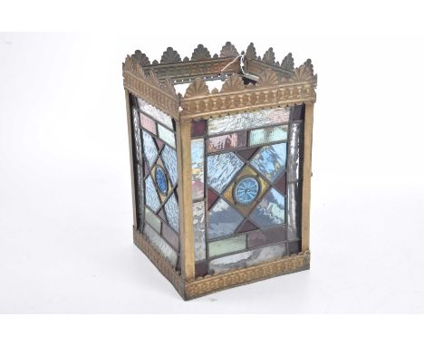 A brass framed leaded glass ceiling lamp, late 19th CenturyPanels with decorative blue roundels, height 31cm, width 20cm