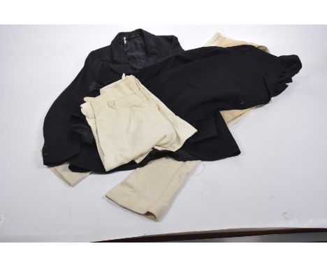 A collection of vintage clothing, early to mid 20th CenturyTo include black jacket, waist coat and beige trousers, black shir