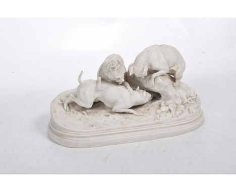 A Copeland white bisque model of hunting dogs, early 20th CenturyDepicting hunting dogs hunting a quarry who has gone to grou