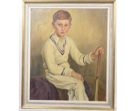Jacob Kramer (1892-1962) "Young cricketer"Oil on canvas of a young boy holding a bat, signed and dated 1941, 60x50cm, framed.