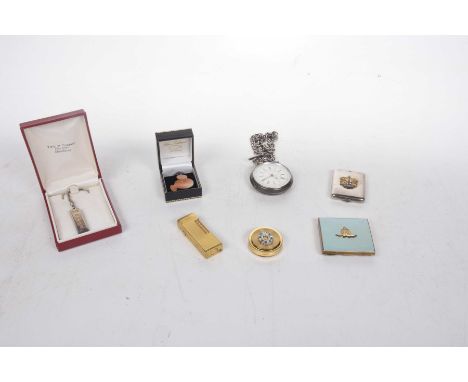 A silver chronograph pocket watch and chainTogether with, loose shell cameos, a lighter and various compacts (Qty)