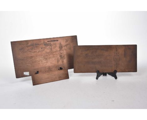 Three copper printing plates, late 19th CenturyBelonging to the Atlas Chemical Company, Grove House, Widnes, Lancashire; comp